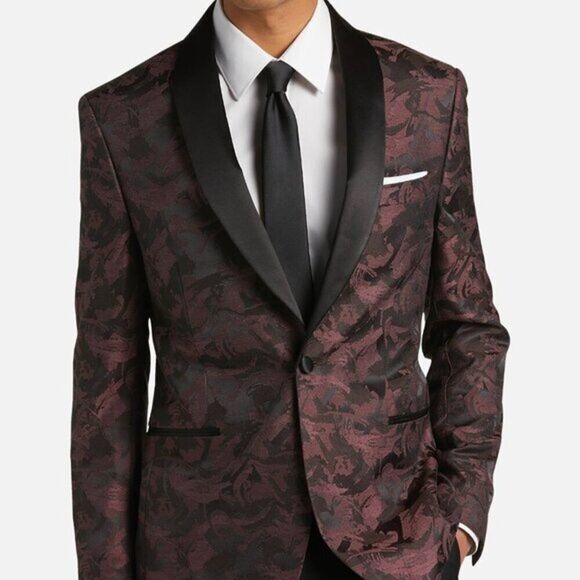 Egara Men's Slim Fit Dinner Party Jacket Formal Maroon Floral - Picture 1 of 3